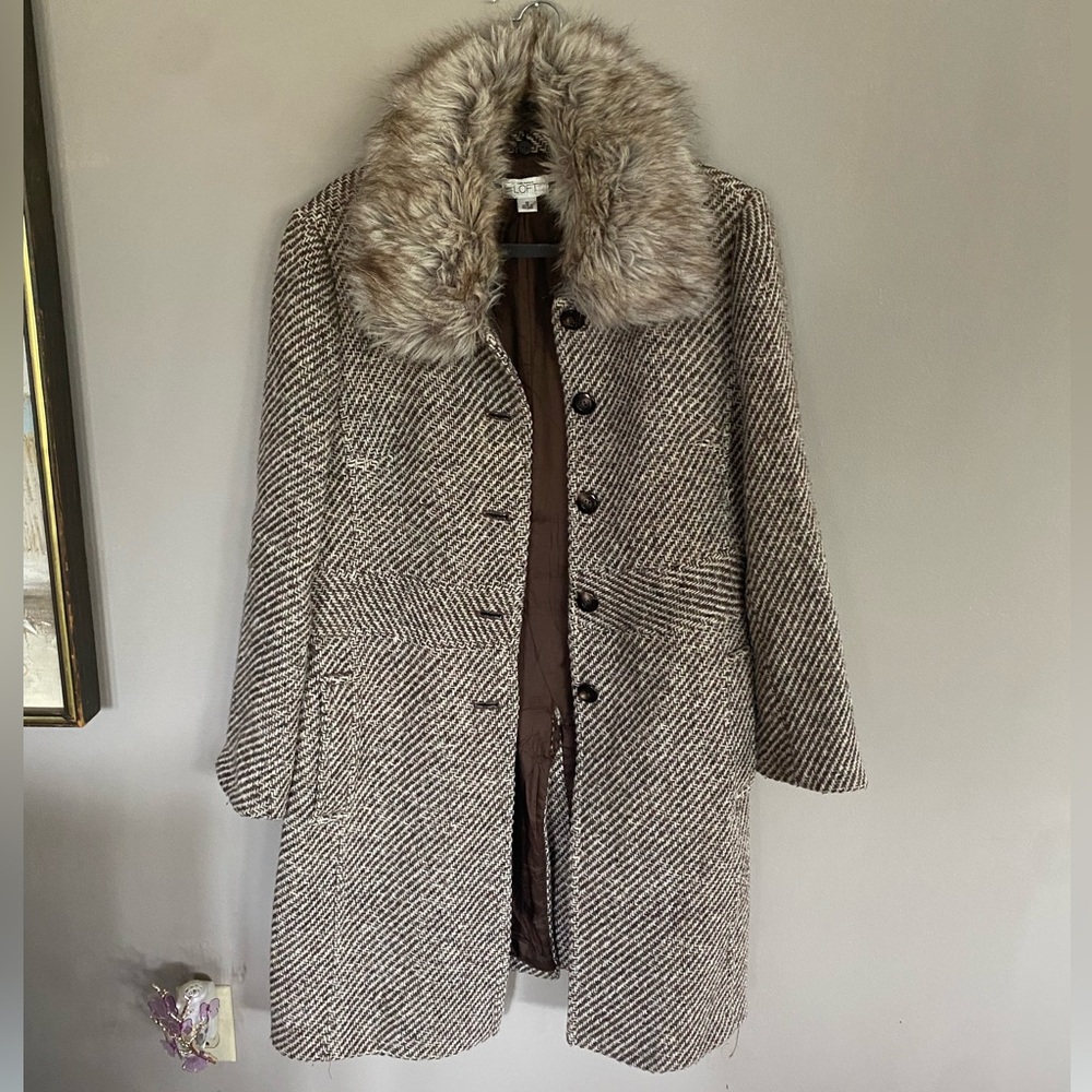 LOFT Herringbone Trench Coat with Faux Fur Collar